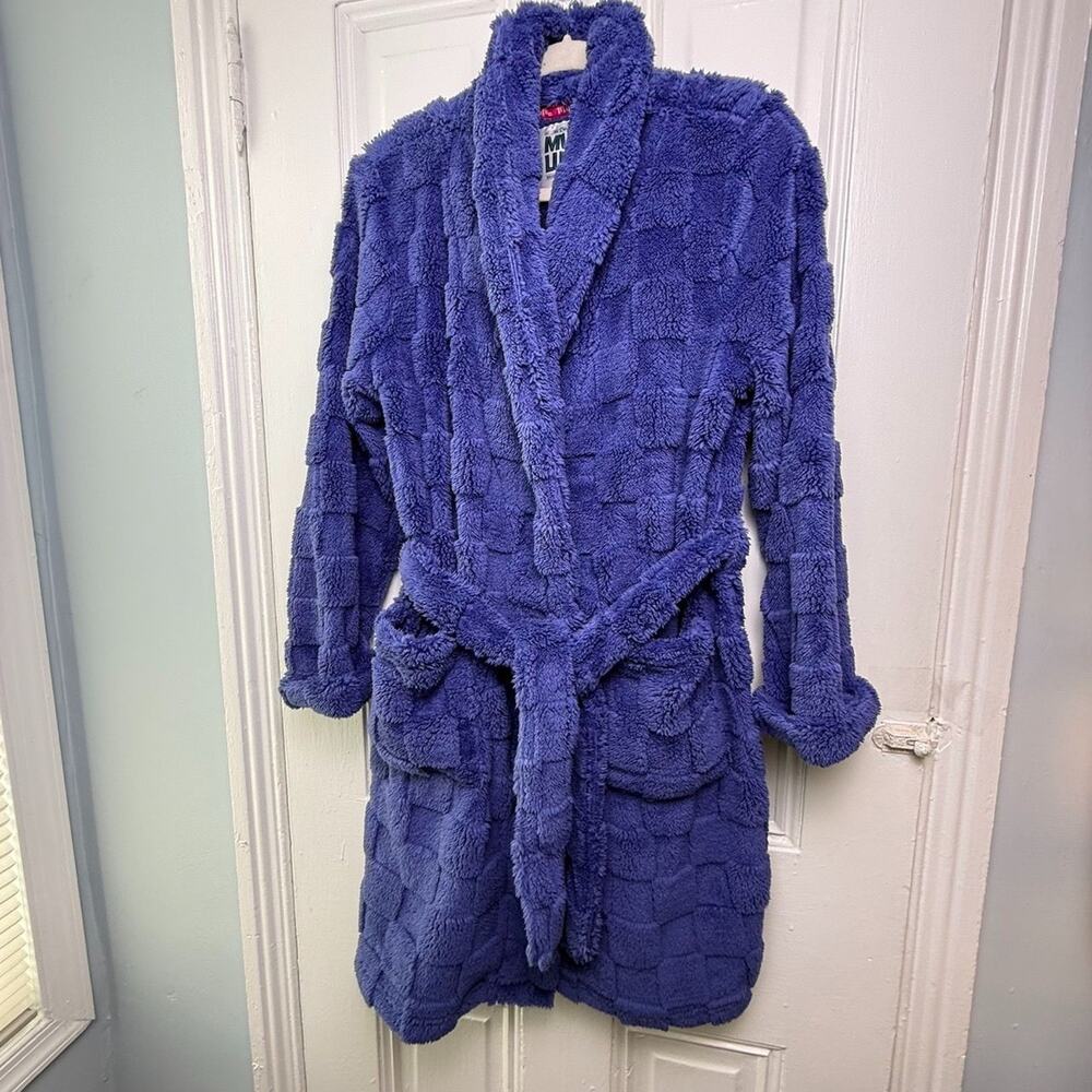 Muk Luks Womens Fuzzy Robe Checkerboard Texture Blue XS *Flawed*